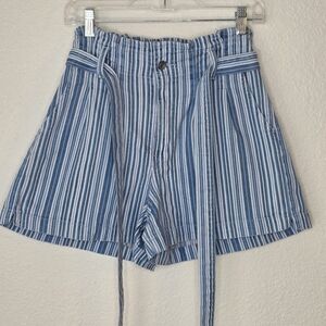American Eagle Women's Mom Paper Bag Shorts, Size 10, Blue & White Striped